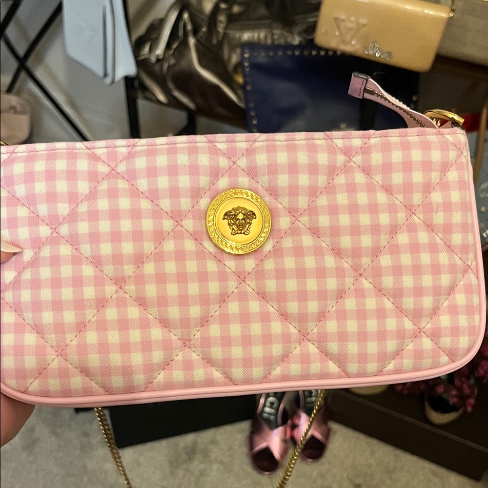 Versace Pink Checkered Shoulder bag with Gold Medusa